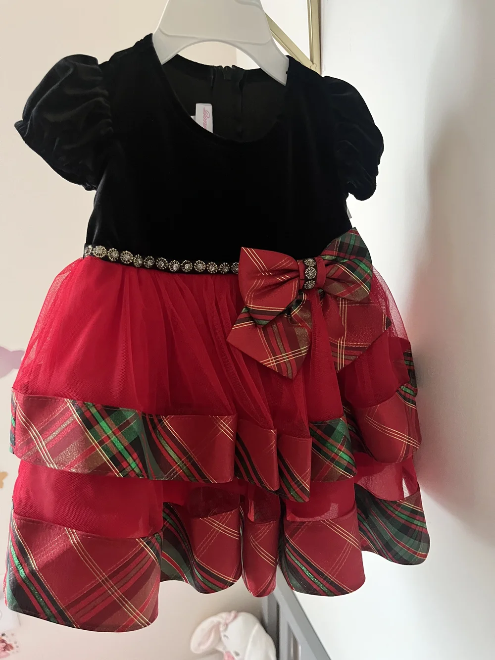 Bonnie Jean Red Plaid & Black Velvet Holiday Dress for 6-9 Months Baby